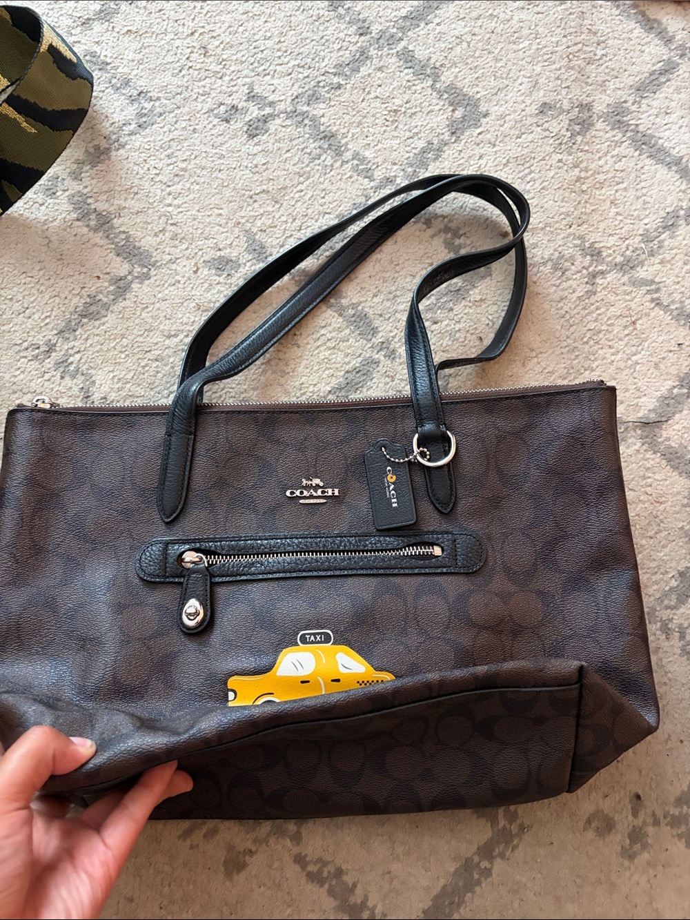Coach Brown Signature Canvas Tote with Yellow Taxi Patch